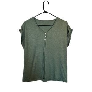 Emery Rose Green V-Neck Short Sleeve Henley Casual T-Shirt Blouse Women Sz S